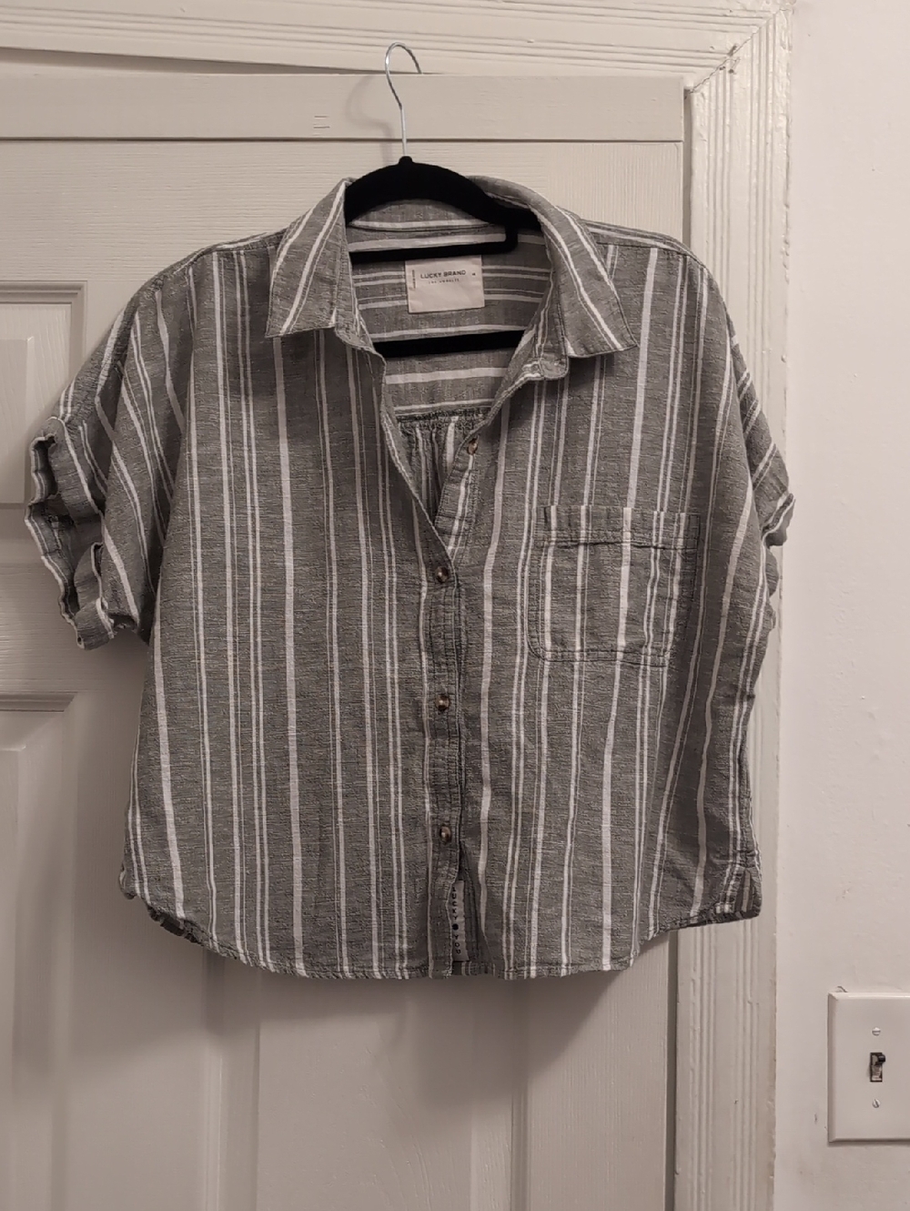 Lucky Brand Gray and White Striped, Cotton-linen-blend Button-Down Shirt
